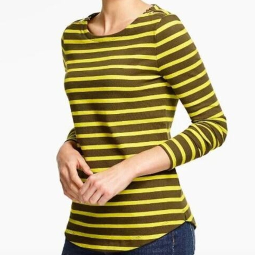 Talbots Grey & Yellow Stripe 3/4 Sleeve Sweater Zippers 100% Cotton, Size XS